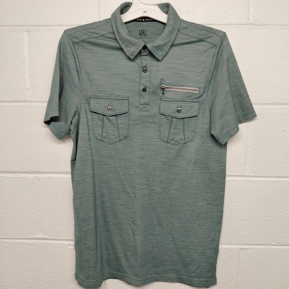 Rock & Republic Polo Shirt Mens Heathered Green Size MEDIUM Short Sleeve Pockets